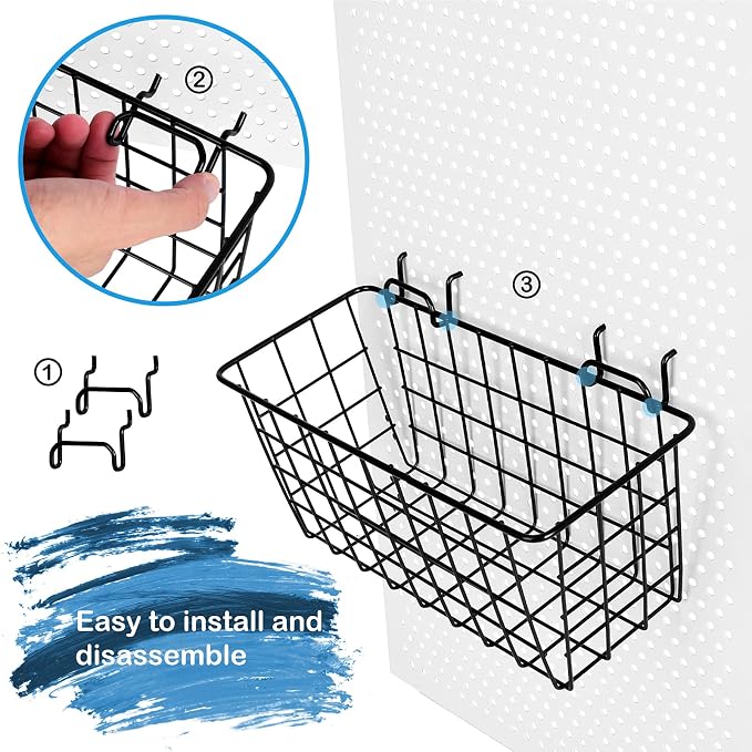 1/4-inch Pegboard Accessories Organizer Kit Total 24 Pieces Set, 20 Pack Heavy Duty Pegboard Hooks and 4 Pack Peg Baskets, Pegboard Hooks Assortment for Garage Craft Workshop Workbench Hobby Office