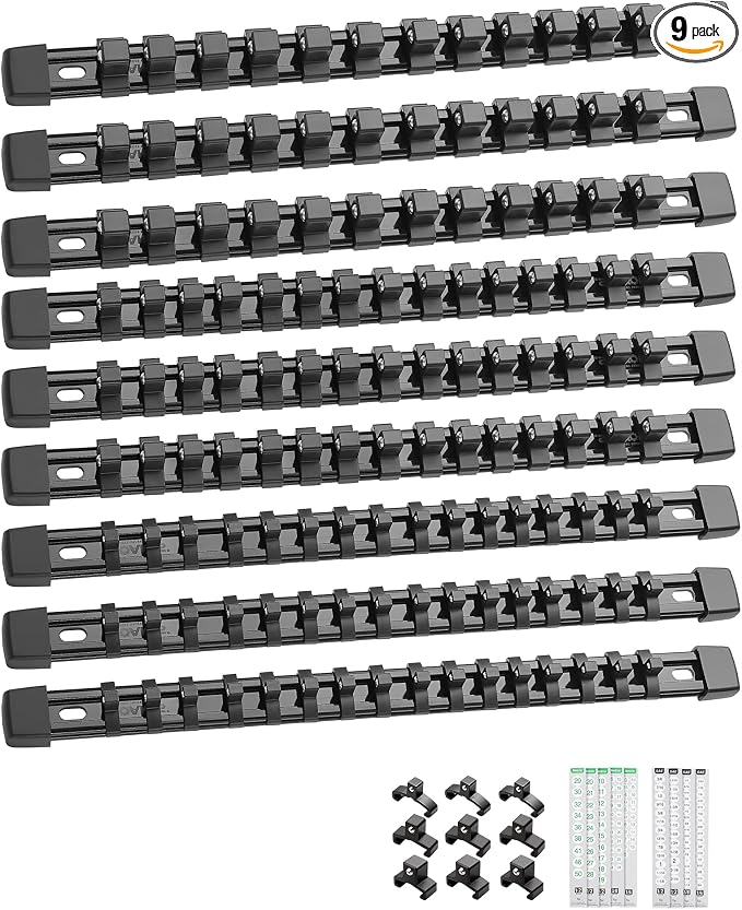 ALOANES 9PC Socket Organizer, Socket Rails Fit 1/2", 1/4" and 3/8" Drive | Heavy Duty ABS Socket Holders Hold up 129 Sockets for Toolbox Drawer Bags(Black)