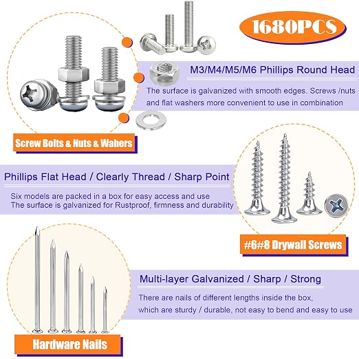 Dianrui 1680 PCS Nails and Screws Assortment Kit & Screw Bolts and Nuts, M3/M4/M5/M6 Machine Screws, Small Nails for Picture Hanging, #6#8 Drywall Screw Set for DIY Repair Project Length 1/2" to 2"