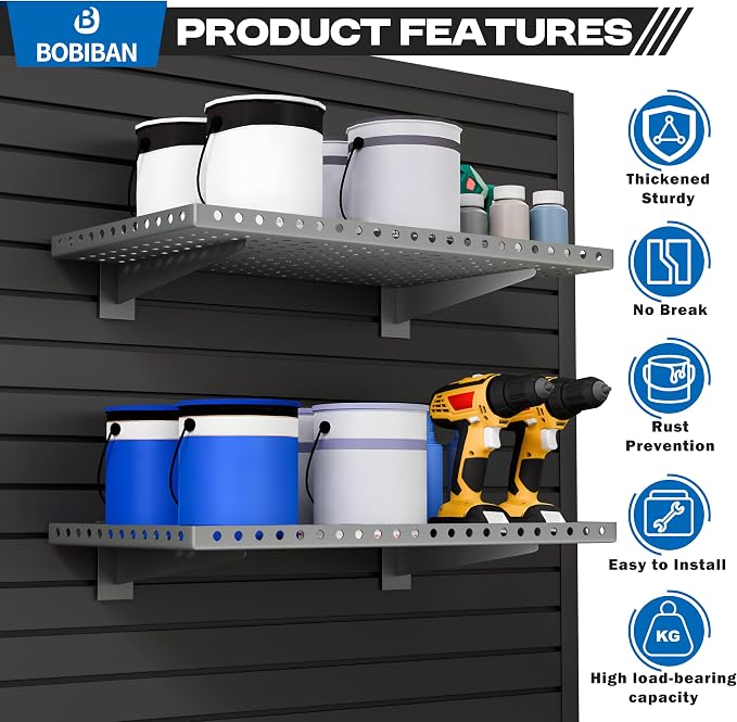 2 Pack Slatwall Shelves, Heavy Duty Grey Metal Slat Wall Shelf for Retail, Garage, Home Storage, 110 lbs Load Capacity, Universal Slatwall Accessories(14 x 24 Inch-2, Grey)