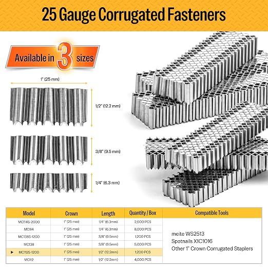 meite Corrugated Fasteners MC112 25 Gauge 1-Inch Crown 1/2-Inch Length Staples Corrugated W Fasteners for Pneumatic Corrugated Tools, for Woodworking Projects (1,200 Counts/Box)