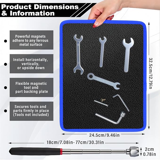 Flexible Magnetic Tool Mat, 12.8" x9.5" Non-Slip Magnetic Tool Organizer & &Telescoping Magnetic Tool, Magnetic Tool Mat for Mechanics, Garage, Workshop & Auto Repair(Blue)