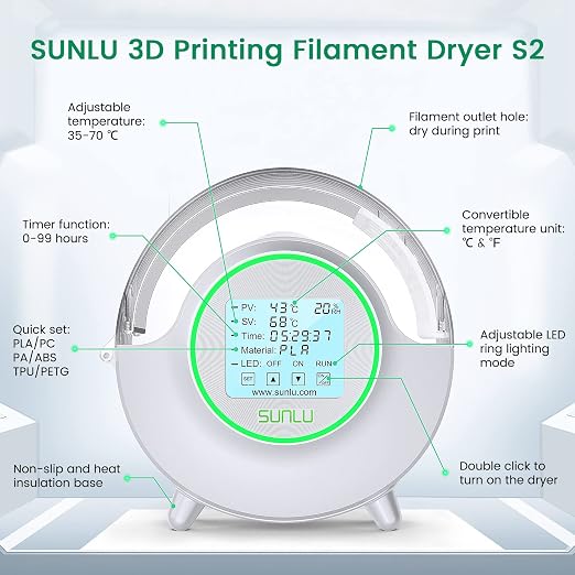SUNLU Official Filament Dryer S2 Plus, 70℃ Max Temperature, Built-in Circulation Fan, 3D Printer Filament Storage Box Filament Dehydrator, Nylon TPU PLA PETG ABS 3D Printer Filament Dryer Box, White | 70℃ Max Temperature,Touchscreen Control,Filament St...