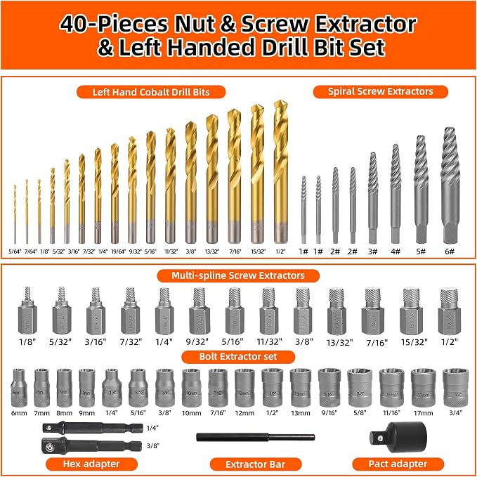 56Pcs Spiral Screw Extractor Set, Left Hand Drill Bit Set, Easy Out Bolt Extractor Set with Hex Adapter, Multi-Spline Lug Nut Remover for Stripped, Rounded, Damaged, Broken Studs Bolts Screws