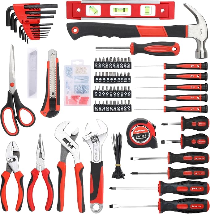 FASTPRO 220-Piece Home Tool Set, Household Repairing Tool Kit with 12-Inch Wide Mouth Open Storage Tool Bag, Red
