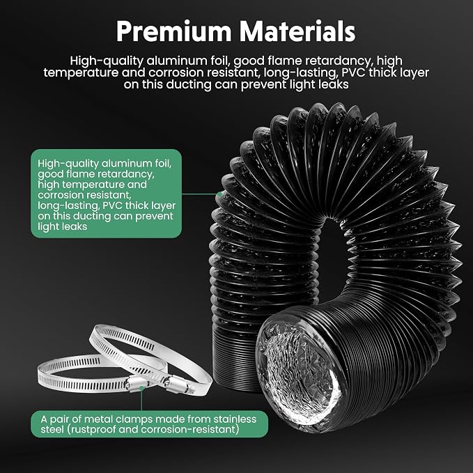 Flexible 6-Inch Aluminum Ducting, Dryer Vent Hose, Heavy-Duty Three-Layer Protection, 8-Feet Long for Heating Cooling Ventilation and Exhaust, Black