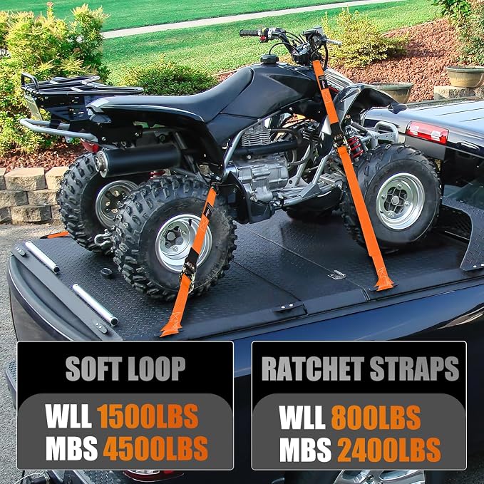 Nilight Ratchet Tie Down Straps 4500Lbs Max Break Strength 1”×15’ Heavy Duty Motorcycle Straps with S Hooks Rubber Handle and 1” ×12’ Soft Loop for UTV Motorcycle Moving Securing Cargo (Orange 4 Pack)