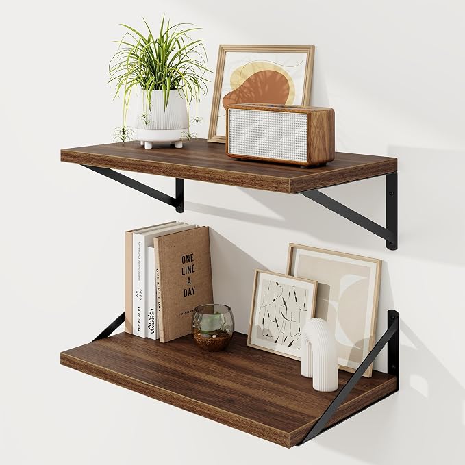 Floating Shelves 12 Inch Deep, 24W x 12D Wall Shelf Set of 2, 50 lbs Heavy Duty Reversible Metal Brackets, Deep Industrial Book Shelf for Living Room Kitchen Bath Bedroom Coffee Bar, Walnut