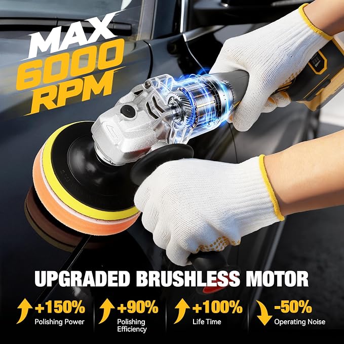 Cordless Buffer Polisher for Dewalt 20v Max Battery, Brushless Rotary Car Buffer Polisher, Variable Speed 1000-6000 RPM, Detachable Handle Polisher for Car Detailing,Sanding Waxing (No Battery)