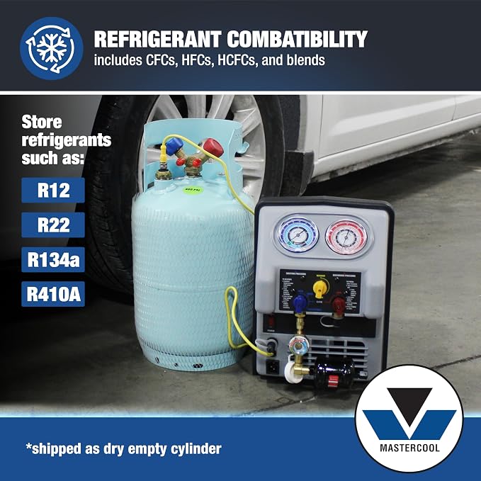 Mastercool 67010 30 lb Refrigerant Recovery Cylinder with Float Switch, DOT-Approved, 1/2" Acme Connections, HP295 Steel, Blue (No Refrigerant Included)