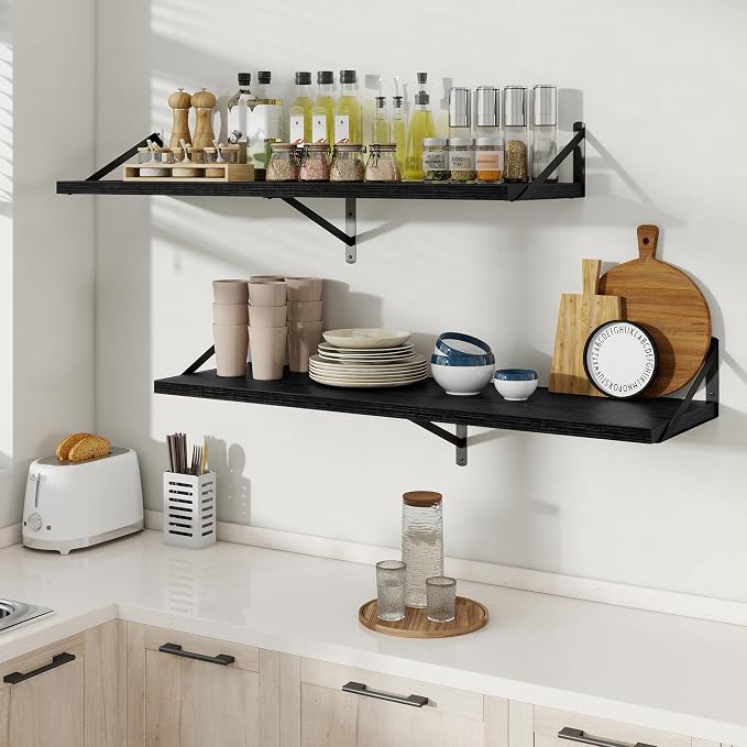 Floating Shelves 12 Inch Deep, 48W x 12D Wall Shelf Set of 2, 70 lbs Heavy Duty Reversible Metal Brackets, Deep Industrial Book Shelf for Living Room Kitchen Bath Bedroom Coffee Bar, Black