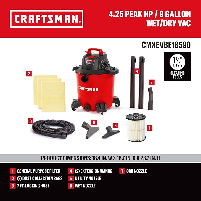 CRAFTSMAN CMXEVBE18590 9 Gallon 4.25 Peak HP Wet Dry Shop Vacuum