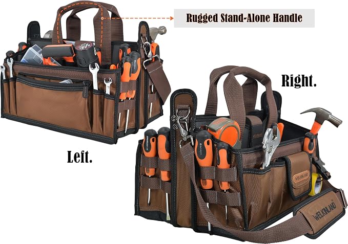 WELKINLAND 20-Pockets Tool Tote Bag, 16" Electrician Tool Bag, Open-Top Tool Bag, Stay-Up HVAC Tools Bag, Brown Tech Tools Bags, HVAC Bag, Tool Tote Bag With Handle