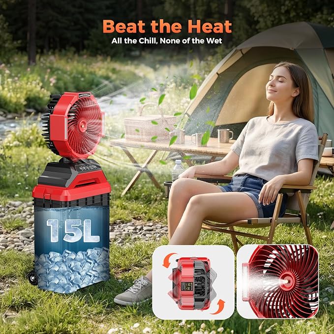 Portable Misting Fan with Wheels, 2-in-1 Rolling Mist Fan with Large Water Tank, 30000mAh Rechargeable Battery Operated Cooling Station with Remote for Golf Cart, Patio, Camping, Outside & Travel