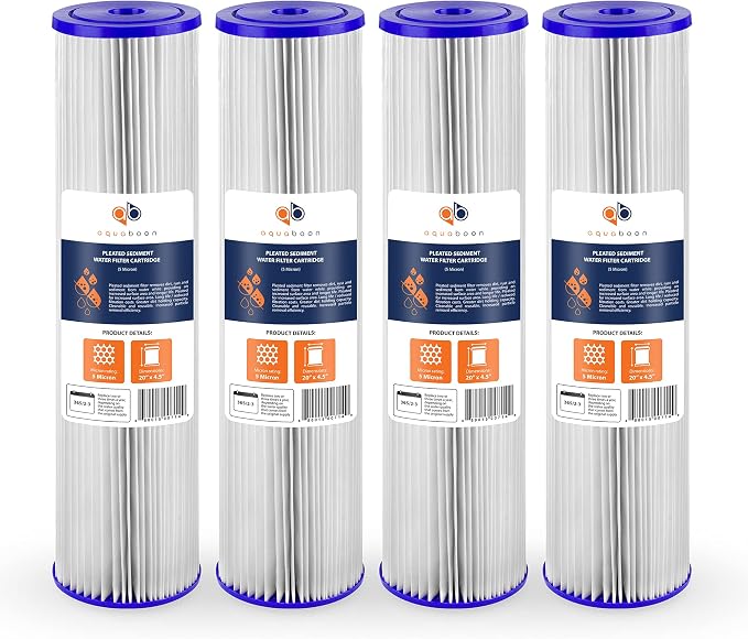 Aquaboon 5 Micron 20 x 4.5 Whole House Pleated Water Sediment Filter Replacement Water Filter Cartridge Compatible with ECP5-20BB, SPC-45-2005, 4-Pack