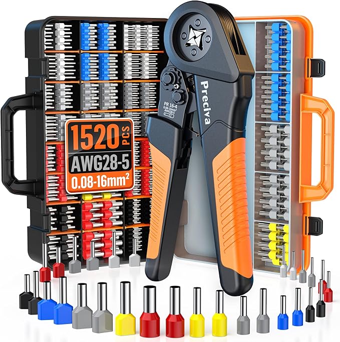 Preciva Ferrule Crimping Tool Kit - AWG 28-5 (0.08-16mm²) Ferrule Crimper with 1520Pcs Single & Twin Ferrules Connectors, Self-Adjustable Ratchet Ferrule Terminals Crimping Tool