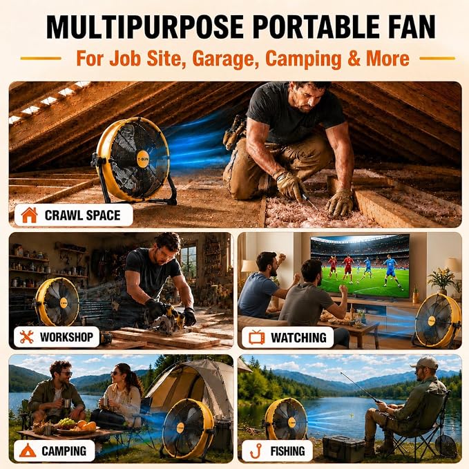 T-SUN 12-Inch Portable Fan Compatible with DeWalt 20V MAX Battery, Battery Powered Fan with AC Adapter & USB-C Output, High Velocity Cordless Floor Fan for Jobsite, Garage, Camping