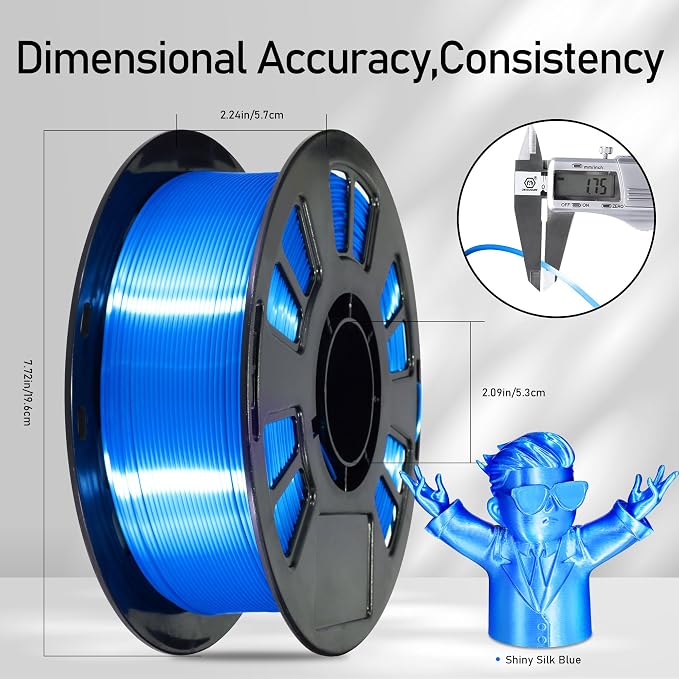Silk Blue PLA Satin Shiny 3D Printer Filament, 1.75mm Diameter 1kg Spool 2.2lbs for FDM 3D Printers