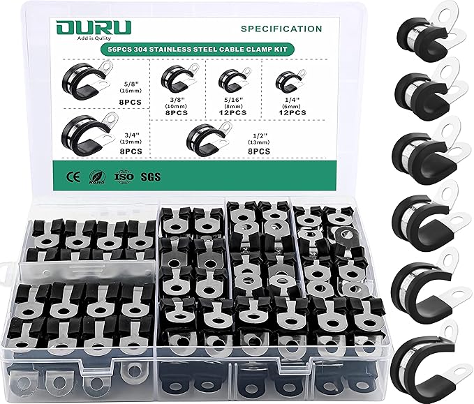 OURU 56PCS Cable Clamps Assortment Kit,6 Sizes—1/4" 5/16" 3/8" 1/2" 5/8" 3/4" Stainless Steel Rubber Coated Cushioned Insulated Cable Clamp,Automotive Cable Wire Clamps,Pipe Clamps,Metal Clamp