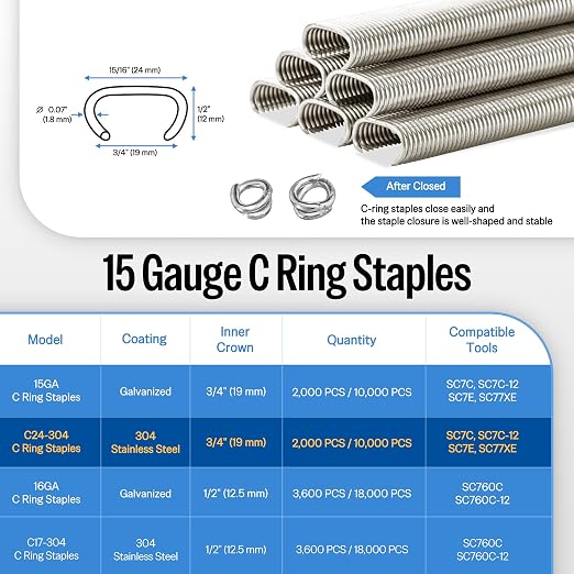 meite 15 Gauge 3/4" Hog Rings, 304 Stainless Steel Hog Ring Staples for SC7C Hog Ring Stapler, C Ring Staples for Construction Mesh, Livestock Fencing, Fishing Traps (2,000 Counts)