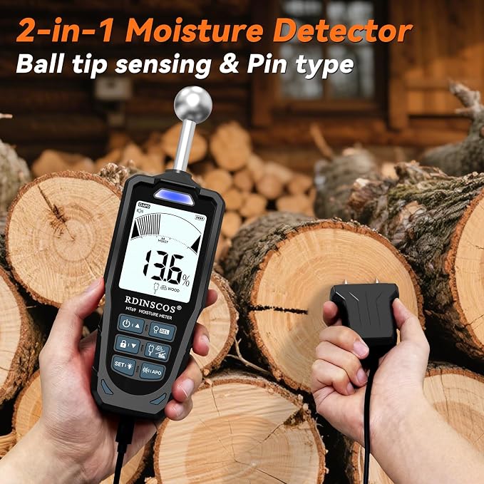 RDINSCOS 2-in-1 Pin & Pinless Moisture Meter | Digital Moisture Detector, For Wood, Drywall & Building Materials, Adjustable Alarm Threshold,3-Color Indicator