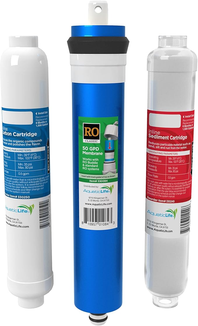 AQUATICLIFE Inline RO Buddie Replacement Cartridges - Includes Carbon Block Filter, Sediment Cartridge and 50 GPD Membrane for RO/RODI Reverse Osmosis Deionization Water Filter System Units