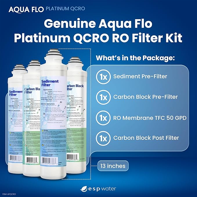 Genuine Aqua Flo Platinum QCRO RO Filter Kit with 50 GPD Membrane and Cartridges | 4-Stage Filtration, Easy Install, Contaminant Reduction, Improved Taste, Cost-Effective Water Solution