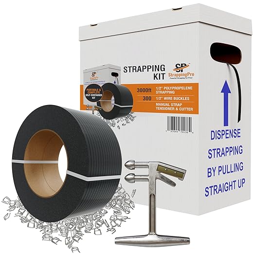 Portable Strapping Kit with 3000 Feet of 1/2" Plastic Poly Strapping, 300 Steel Banding 1/2" Clip Seals, Hand Tensioner & Strap Cutting Tool - Lightweight Shipping Banding Strapping Kit