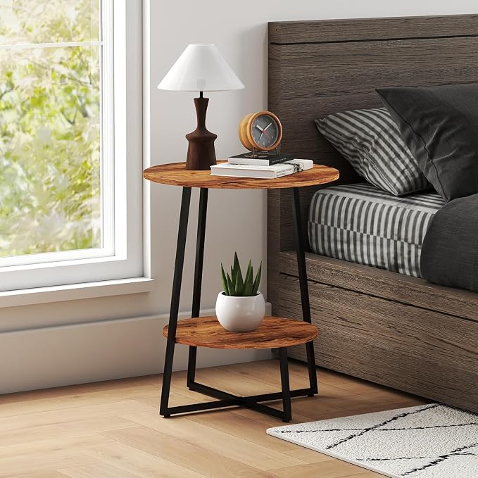 Round End Table - 23.6" H Side Table with Metal Frame, Industrial Accent Tables for Living Room Bedroom, Rustic Brown (1 Pack)
