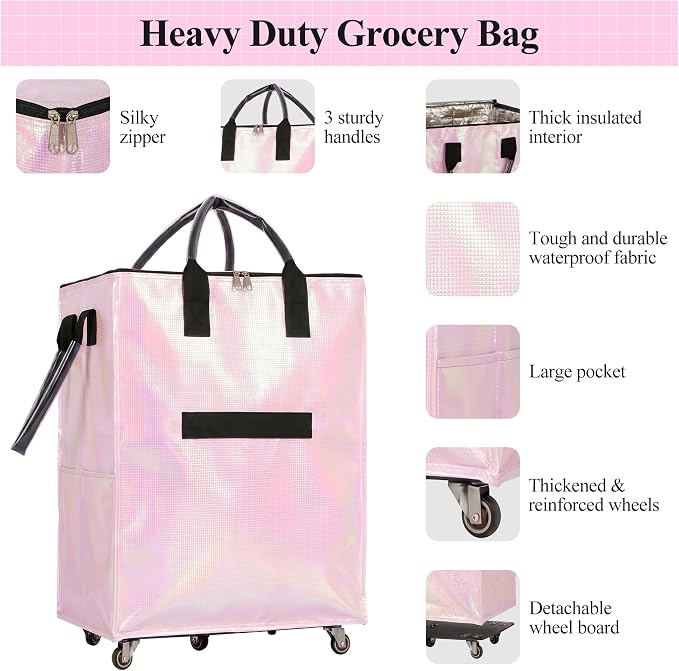 Reusable Grocery Bag on 5 Wheels, Rolling Shopping Bags with Removable Baseboard, Foldable Tote Cart for Groceries, Laundry, Organization, Moving (Pink)