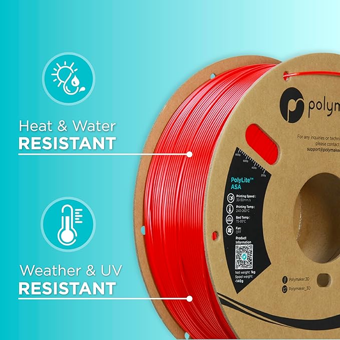 Polymaker ASA Filament 1.75mm Red, 1kg ASA 3D Printing Filament, Heat & Weather Resistant - ASA 3D Printer Filament Perfect for Printing Outdoor Functional Parts