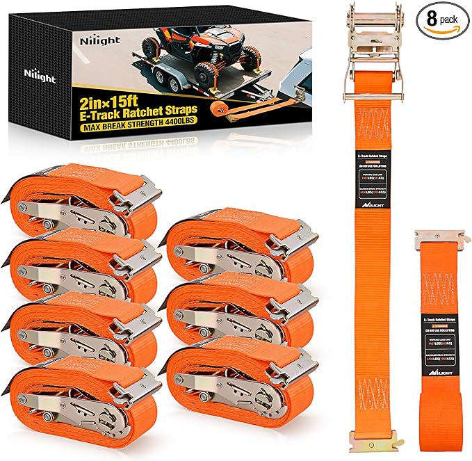 Nilight E-Track Ratchet Straps 8 Pack 2" x 15' Heavy Duty Orange Cargo Tie-Downs 4400 lbs Breaking Strength Standard E Track accessories Tie Down E-Track Spring Fittings for Cargo Vans Trucks Trailers