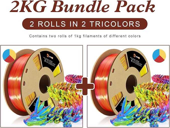 LOVOON Silk PLA 3D Printing Filament Bundle 2KG, PLA Filament 1.75mm Shiny Tricolor Change by Angle 3D Printer Filament Pack, Get 2 Spools of Silk Blue/Yellow/Red, 1KG X 2 Spools