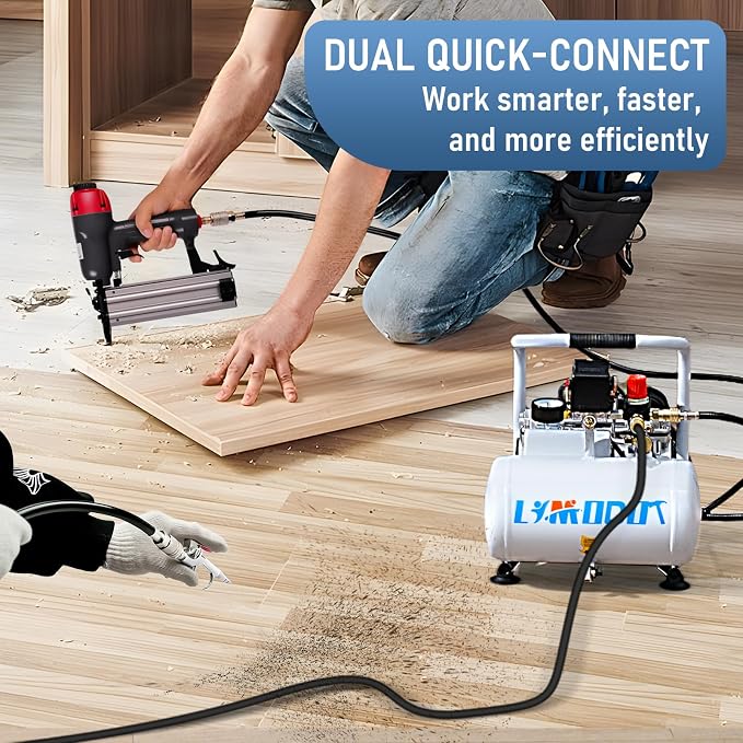 Quiet Oil-Free Electric Air Compressor, 68 dB, 1 Gallon Air Tank | Steel Tank Compressor for Woodworking, Nailing, Garage Use, Car Inflation and Pneumatic Tools, Includes Air Hose Kit