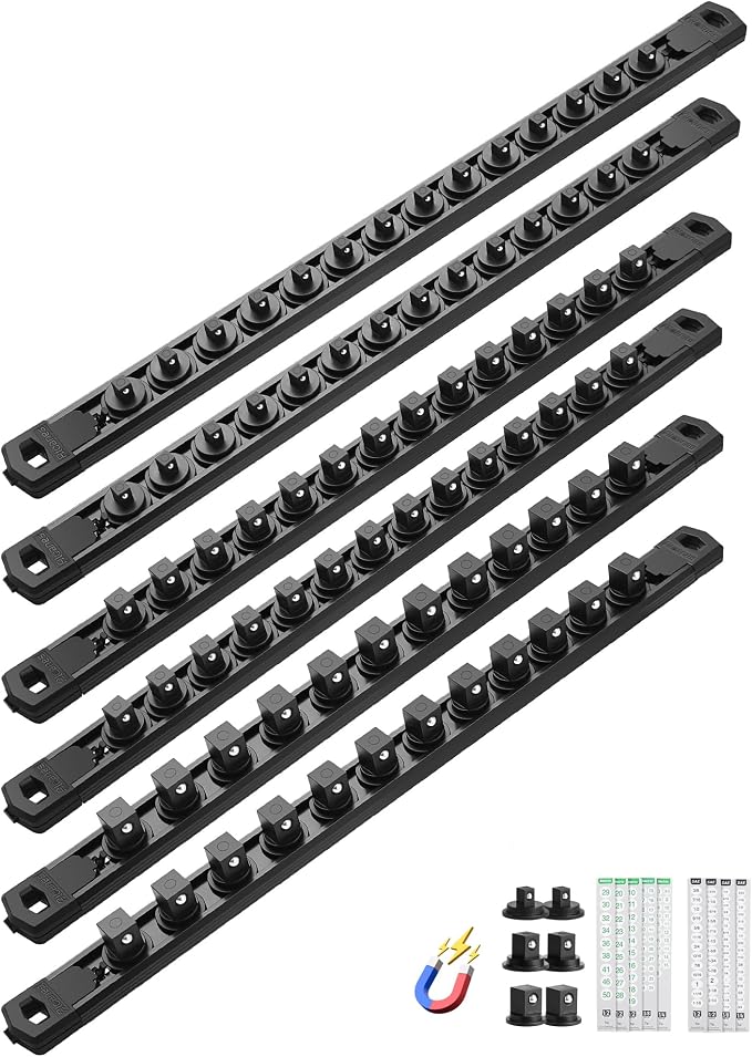 ALOANES Magnetic Socket Organizer Set, 6PC Heavy Duty Aluminum Socket Holder Organizer, 360° Swivel Clips Socket Holder Kit for Toolbox Drawer Fit 1/2, 3/8, 1/4-Inch x 80 Clips (Black, 6PC)