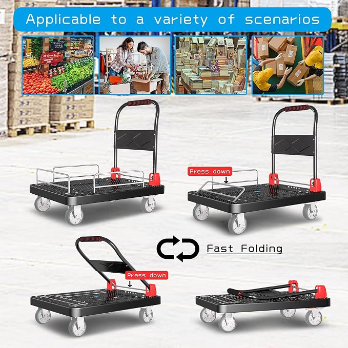 Platform Trucks Flatbed Cart Heavy Duty with Brake Wheels & Fence Foldable Hand Cart 1300lbs Capacity 36"x24" Moving Dolly for Furniture/Office/Groceries/Garage, Black