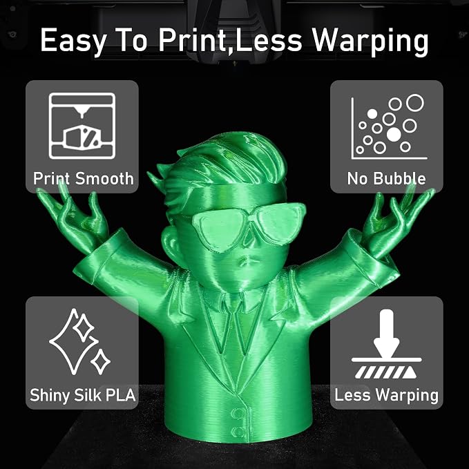 Silk Green PLA Satin Shiny 3D Printer Filament, 1.75mm Diameter 1kg Spool 2.2lbs for FDM 3D Printers