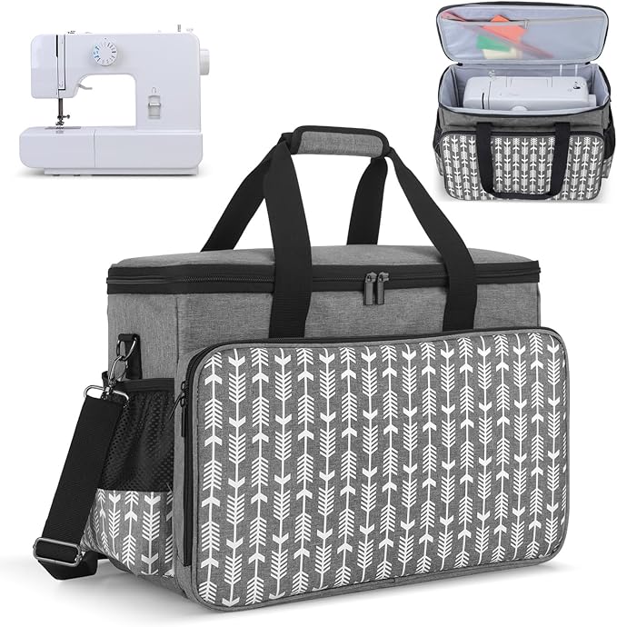 Yarwo Sewing Machine Carrying Case with Thicken Bottom Board, Universal Sewing Machine Tote Compatible with Most Standard Sewing Machine and Accessories,Gray with Arrow