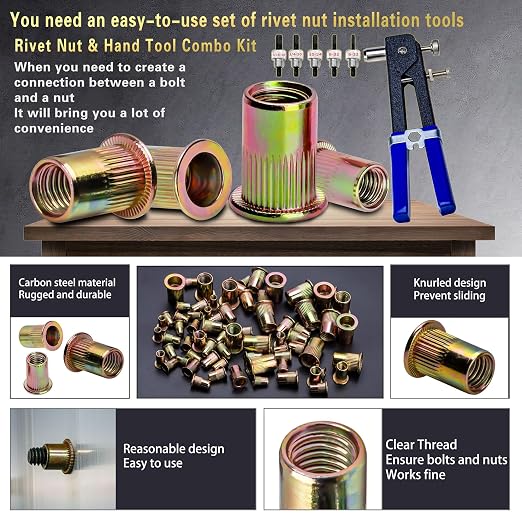 ASKWAY SAE Pressure Rivet Nut Tool Kit 420pcs, SAE Thread Rivet Nuts Kit | 420pcs SAE Rivet Nut Assortment Kit (5/16-20, 1/4-20, 10-24, 8-32, 6-32) ,Carbon Steel Rivet Nuts; Includes Rivet Nut Tool.
