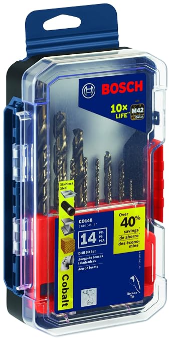 BOSCH CO14B 14-Piece Cobalt Drill Bit Set with Included Case - M42 Metal Drill Bits with Three-Flat Shank for Drilling Applications in Stainless Steel, Cast Iron, Titanium, and Light-Gauge Metal