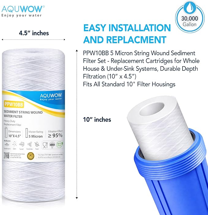 PPW10BB 5 Micron 4.5" x 10" String Wound Sediment Filter Set – Replacement Cartridges for Whole House & Under Sink Systems, Durable Depth Filtration (2, 10 x 4.5)