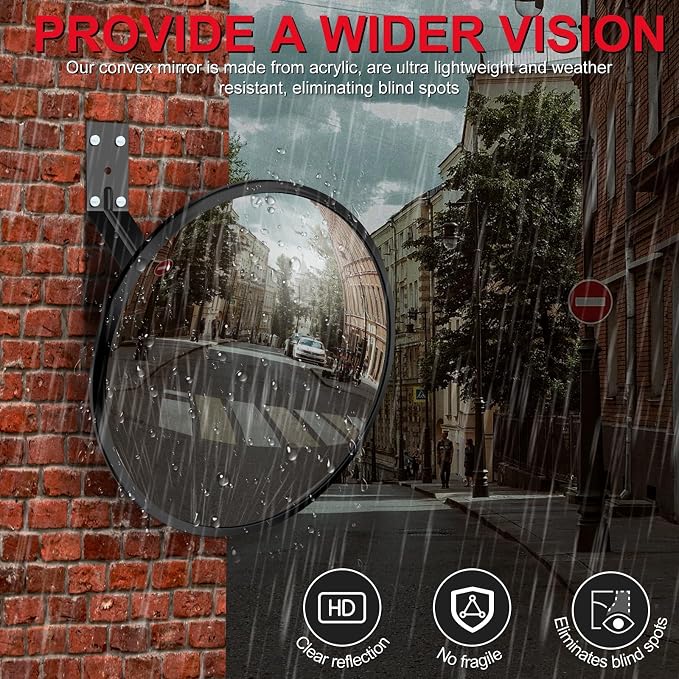 12 Inch Acrylic Convex Mirror with Rain Shield, Adjustable Wide Angle Security Mirror for Indoor Outdoor, Blind Spot for Garage, Warehouse, Driveway, Office Safety