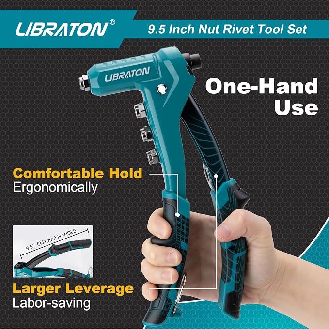 LIBRATON 9.5" Rivet Nut Tool, One-Handed Rivet Nut Gun, Hand Rivet Nut Tool Kit with 80PCS Threaded Rivet Nuts, 8PCS Interchangeable Mandrels, Metric M3-M6, SAE 6-32" to 1/4-20", with Carrying Case
