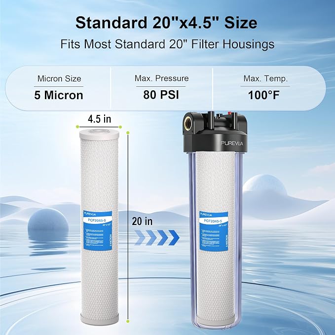 5 Micron 20" x 4.5" Whole House CTO Coconut Shell Activated Carbon Water Filter Replacement Cartridge, Compatible with WCBCFF20, CB-45-2005, CB-BB-20, FC25B, CTO20BB, 2-Pack