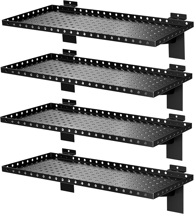 4 Pack Slatwall Shelves, Heavy Duty Metal Slat Wall Shelf for Retail, Garage, Home Storage, 80 lbs Load Capacity, Universal Slatwall Accessories(10 x 24 Inch-4, Black)