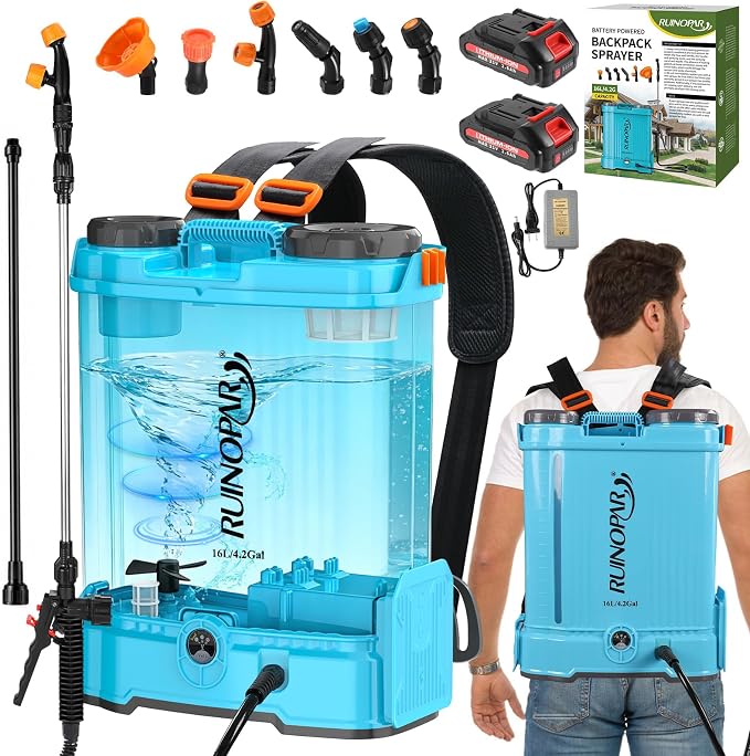 4 Gallon Battery Powered Backpack Sprayer with Auto-Mixing, Dual 21V 2.6Ah Battery, 2 Spray Wands (Stainless & Fiberglass), 100 PSI Garden Sprayer for Lawn Care