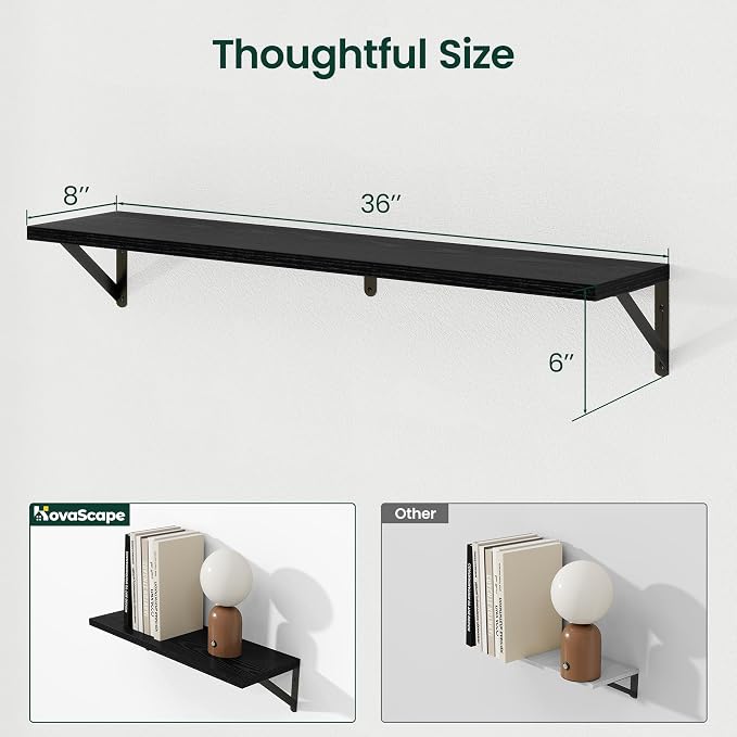 Floating Shelves 8 Inch Deep, 36W x 8D Wall Shelf Set of 2, 60 lbs Heavy Duty Reversible Metal Brackets, Industrial Book Shelf for Living Room Kitchen Bathroom Bedroom Gallery Wall, Black
