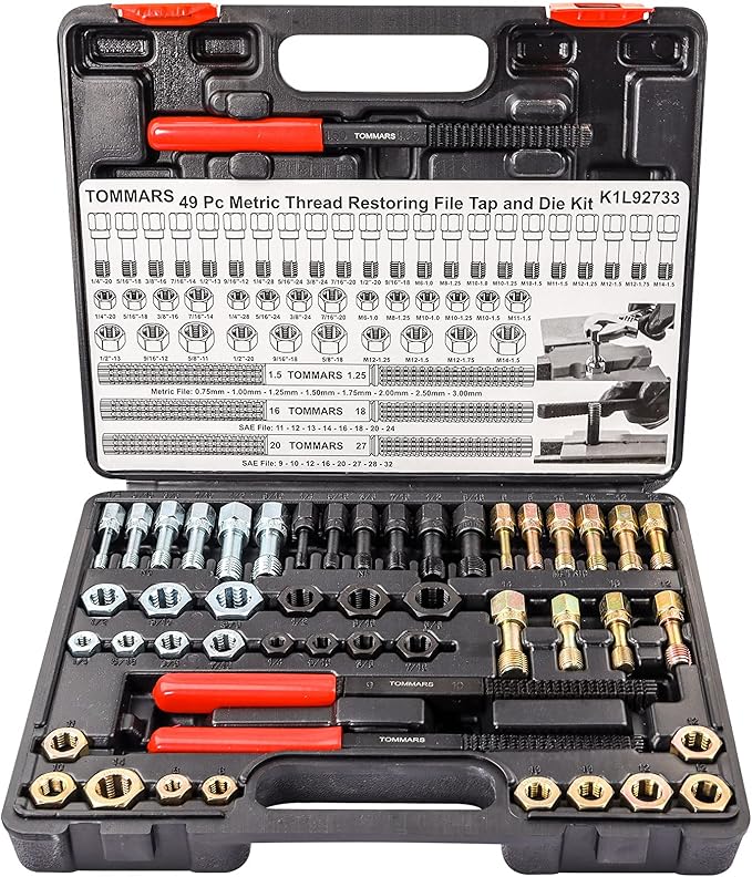 TOMMARS 49-Piece Thread Chaser Set for UNC, UNF and Metric Threads | Thread Repair Kit with Taps, Dies and Thread Files for Rethreading, Restoring and Cleaning Internal and External Threads