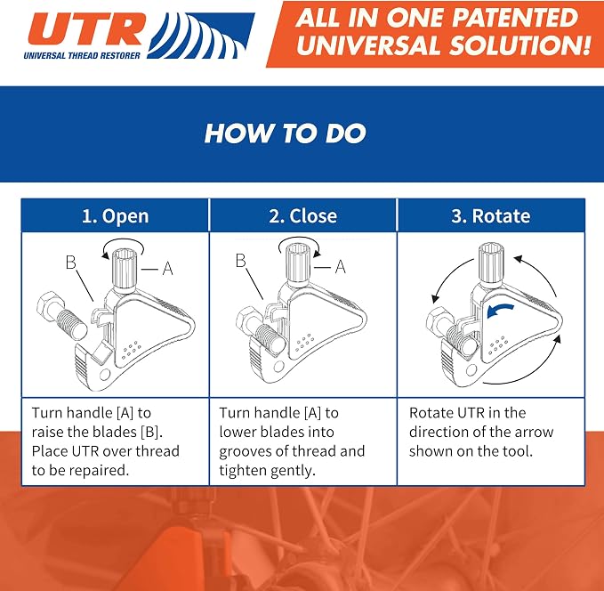 UTR - Universal Thread Restorer. External Thread Repair Tool. Easily Replaces hundreds of Dies. Automatically chases threads within range 5/32" - 1/2",4-13 mm. All In One Patented Universal Solution!