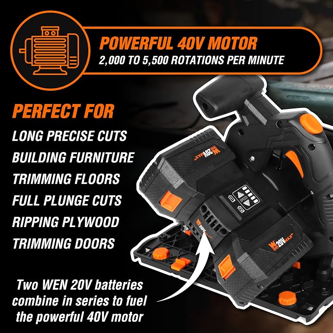 WEN Cordless 6.5-Inch Track Saw, Brushless with Variable Speed, Two 20V Max 4.0 Ah Batteries, and Charger (20691)
